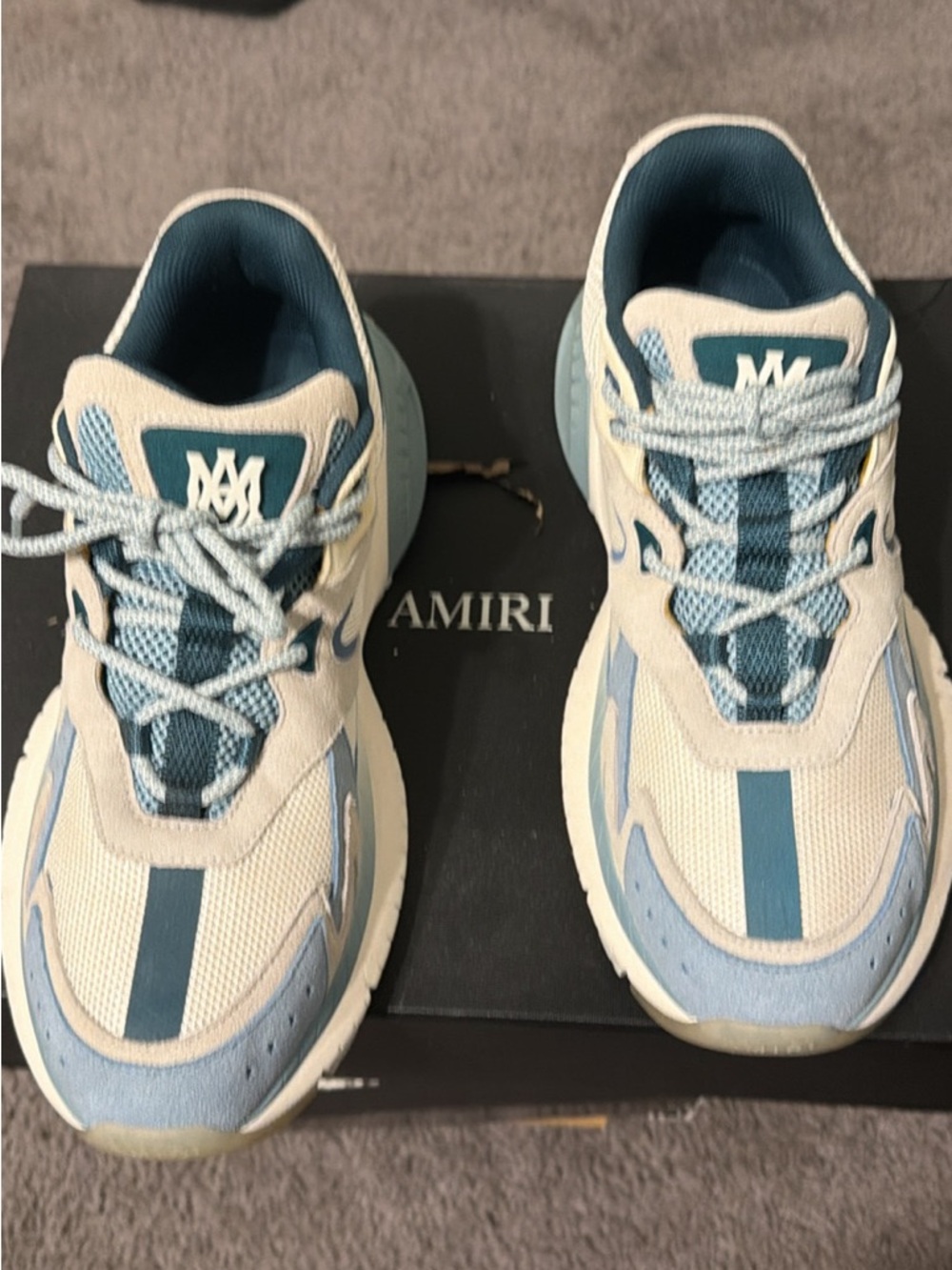 AMIRI Cream and Blue Mesh & Suede Sneakers